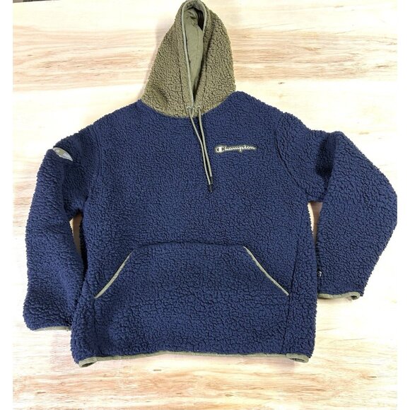 Champion High Pile Pullover Hoodie Mens Medium Blue Cozy Fleece Jacket See Notes - Picture 1 of 16